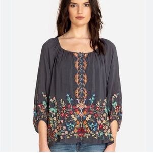 Johnny Was Sarah Embroidered Grey Blue Georgette Blouse Top Size S